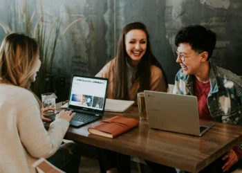 team working at cafe